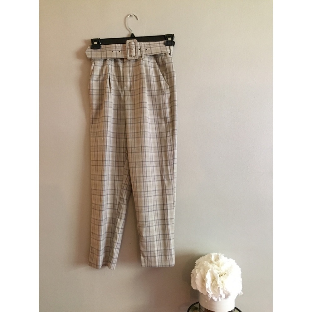 High Waisted‎ Belted Plaid Pants